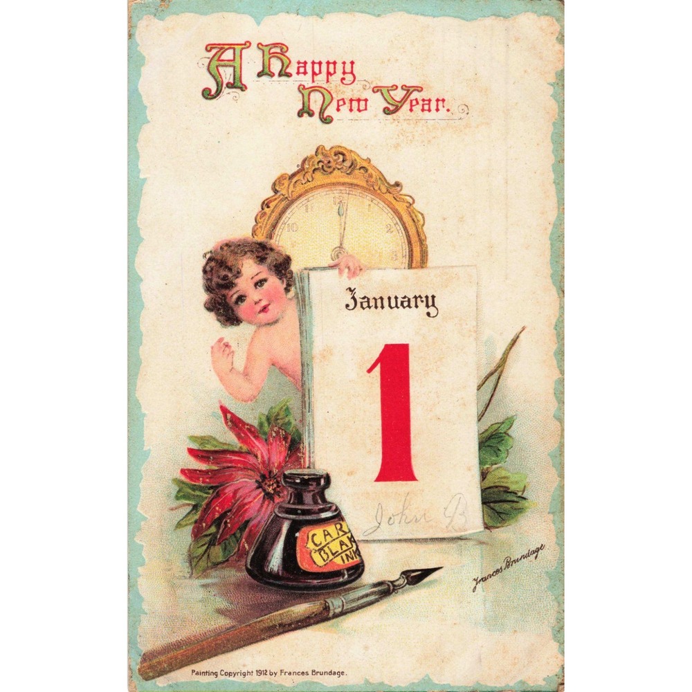 Vintage 1912 Frances Brundage Happy New Year Postcard Cherub January 1st 1914 PM - Picture 1 of 2